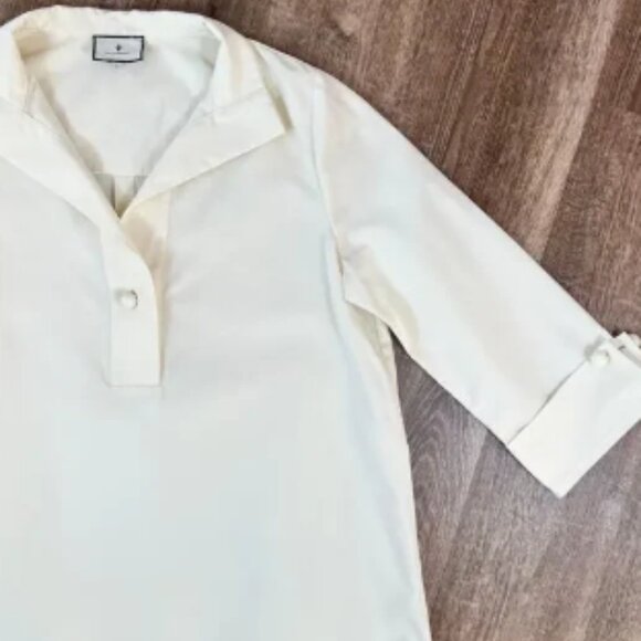 Tuckernuck beige Poplin Thick Blouse Faux Pearl Bar Sleeves and Collar - Picture 2 of 7